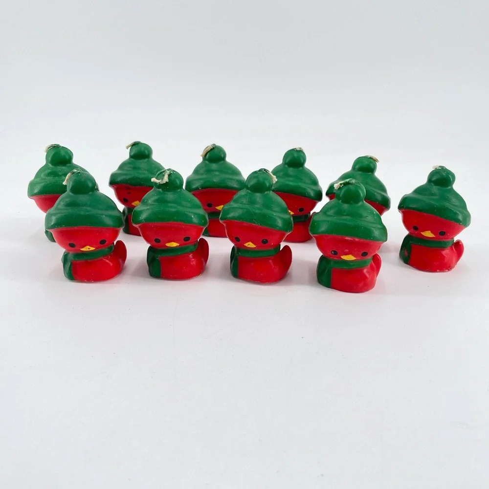 Vintage Hallmark Short Wick Red Bird Christmas Candles Green Hat Scarf 2 in Mini